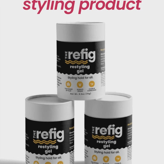 How to use The Refig's Restyling Gel: 1) wet hands, 2) lightly sprinkle gel on hands 3) rub hands together to create gel, 4) apply gel to hair. 