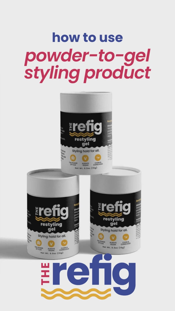 How to use The Refig's Restyling Gel: 1) wet hands, 2) lightly sprinkle gel on hands 3) rub hands together to create gel, 4) apply gel to hair. 